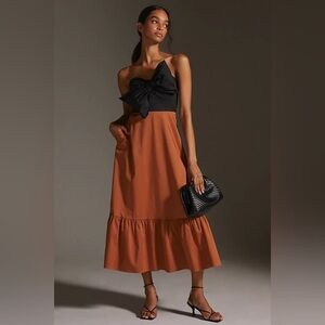 Anthropologie Hutch Bow Tie Strapless Dress, black and brown, size 8
